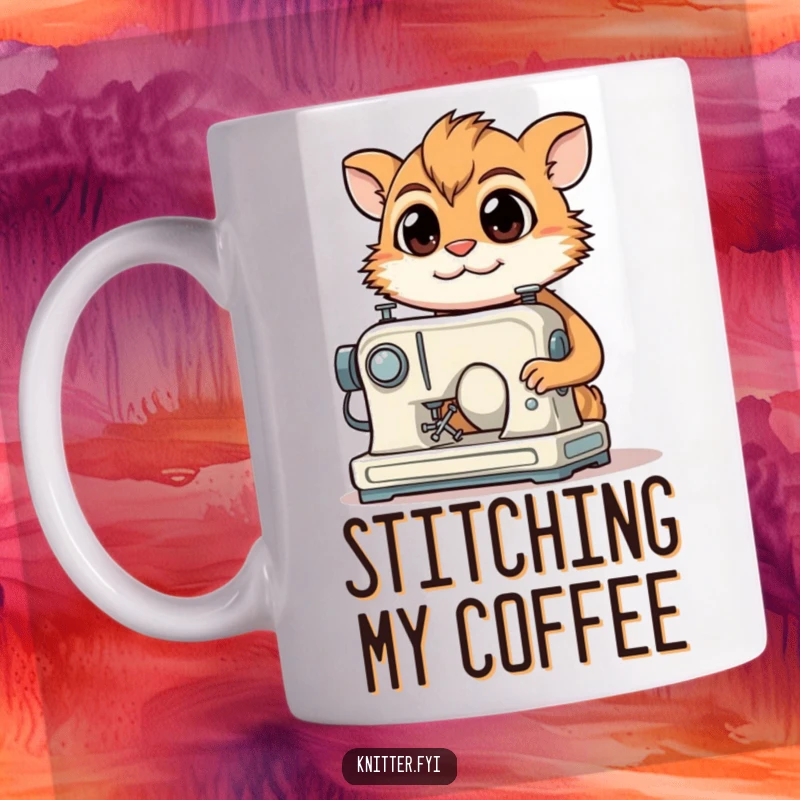 Funny Mug: A determined creature with a focused gaze smiles while operating a miniature sewing machine.