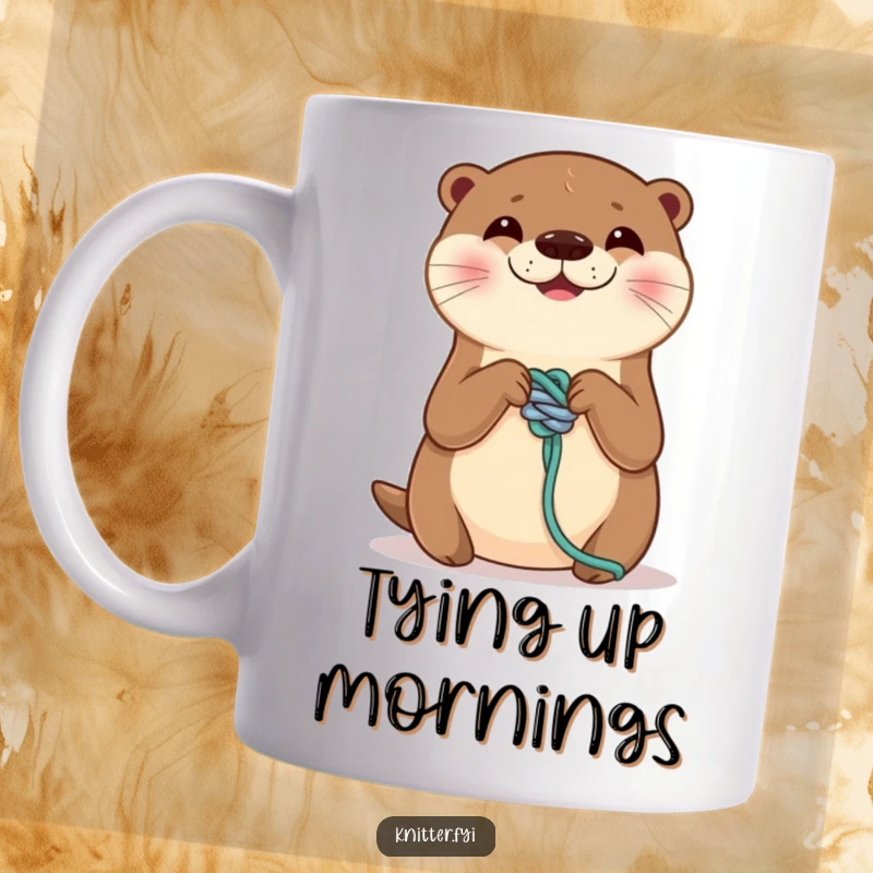 Funny mug showcasing a smiling otter meticulously tying a perfect knot on a strand of yarn. Humorous and skilled, a perfect funny gift.