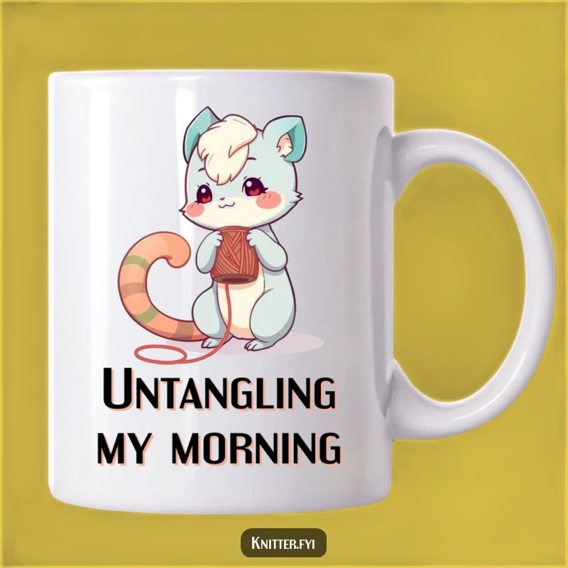 Funny Yarn Lover Mug: Playful Creature Winds Yarn, Crafty Gift!