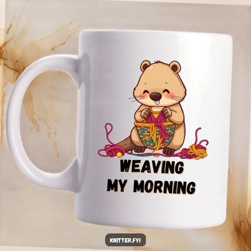 Funny beaver mug showing a hardworking character weaving an intricate basket from colorful threads with focused determination.
