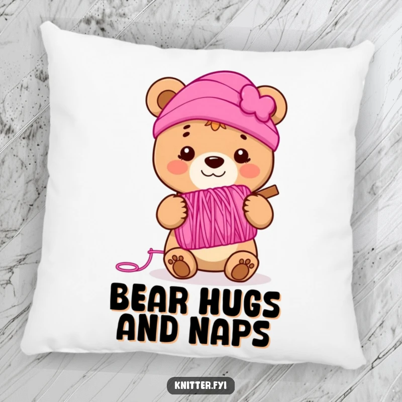 Funny bear cub pillow holding a spool of vibrant pink yarn, smiling, adding humorous and cozy charm to home decor.