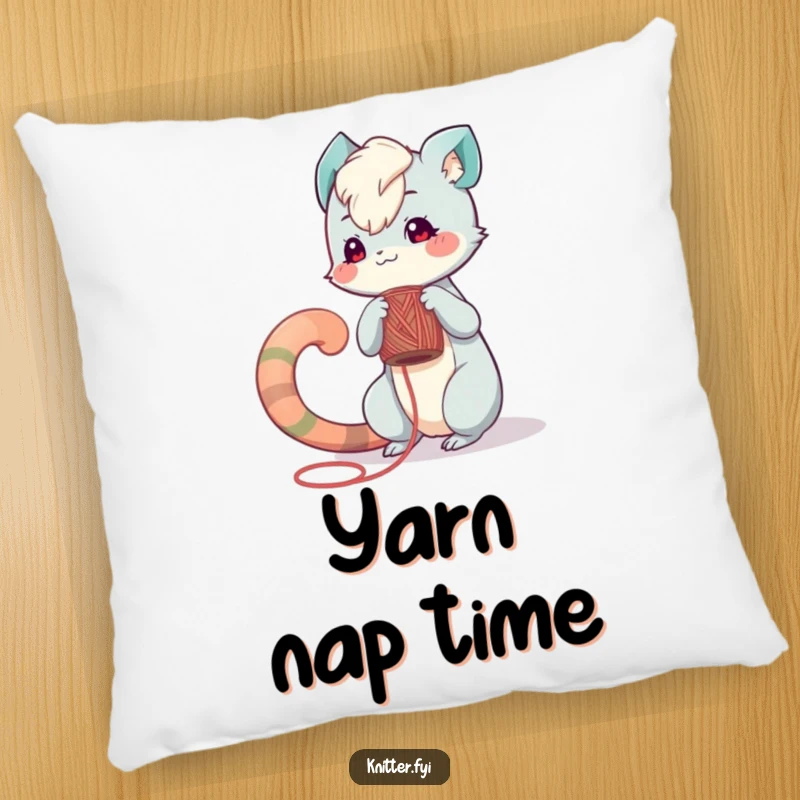 Funny pillow: A playful creature with a long tail winds yarn around a spool, symbolizing calm creativity and focus.