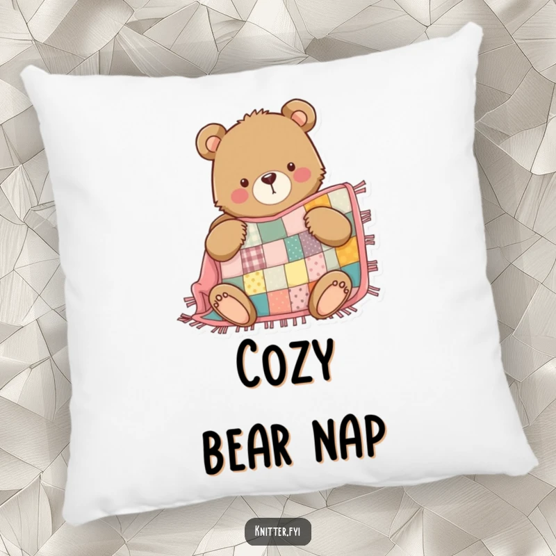 Funny Bear Pillow: A determined bear proudly sews a patchwork quilt, a comfortable and funny decorative pillow.