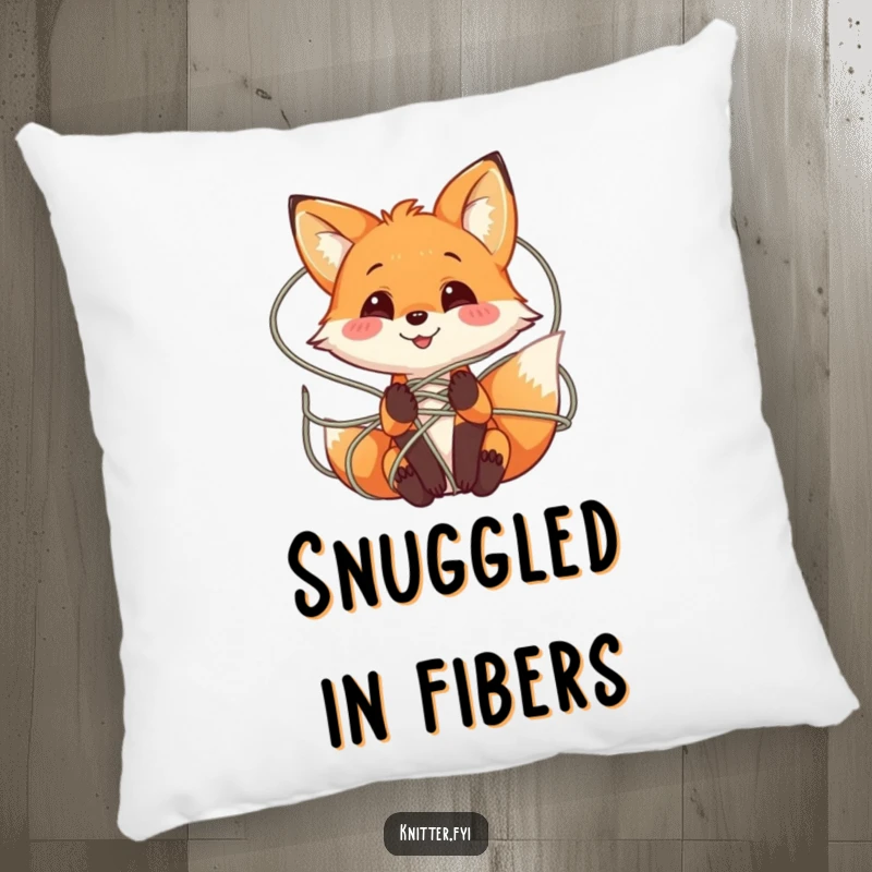 Funny Fox Pillow with a playful fox character smiling while tangled in a web of colorful yarn, perfect for cozy spaces.