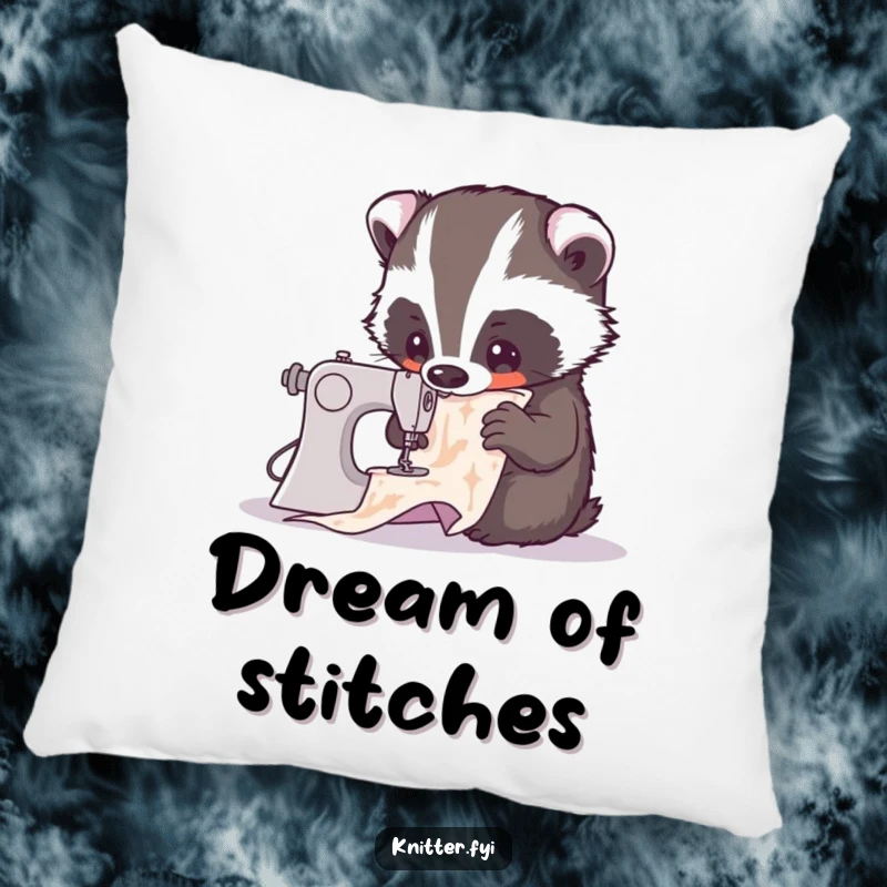 Funny pillow featuring a curious badger engrossed in a complex sewing pattern. Cozy and decorative, a perfect funny gift for sewers.