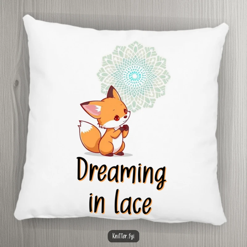Funny pillow showcasing a curious fox character examining a complex lace pattern being woven in the air, adding artistic flair.