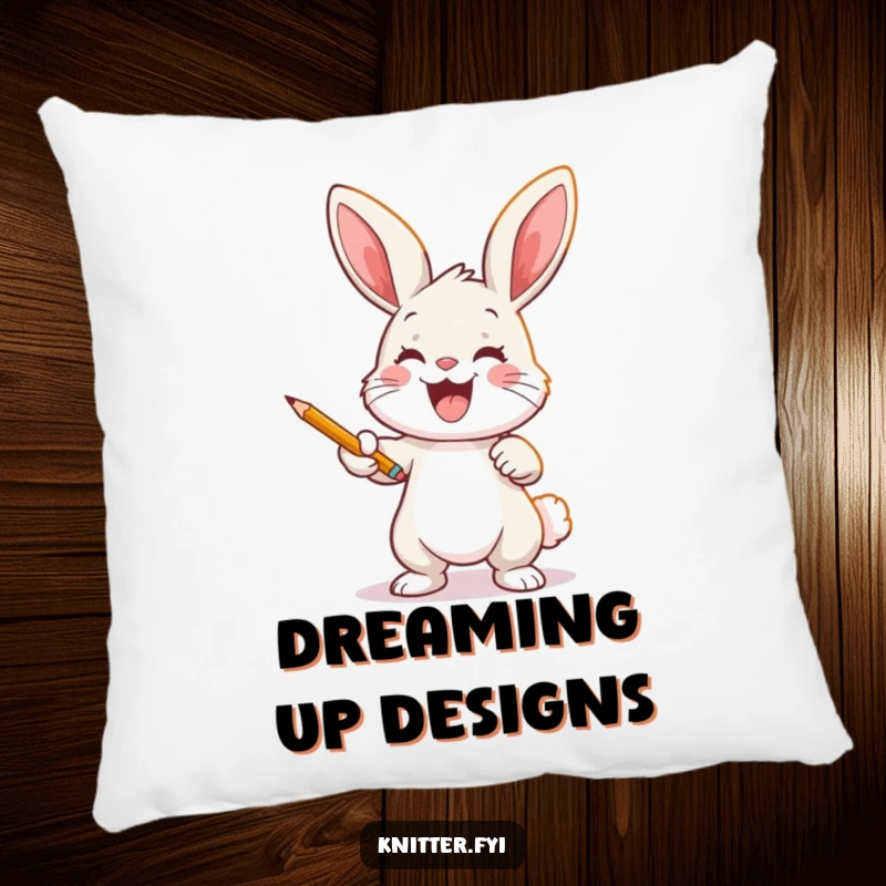 Funny bunny artist pillow with a joyful rabbit casting a pattern onto fabric using a pencil, adding cozy art.