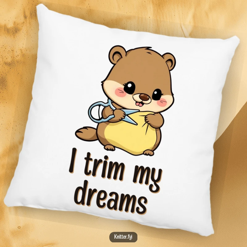 Funny beaver pillow depicting a busy beaver cutting fabric with scissors, a humorous and cozy decorative item.