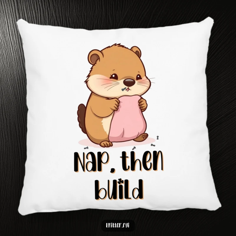 Funny pillow design showing a busy beaver cheerfully hammering small nails into miniature fabric, adding whimsical comfort.