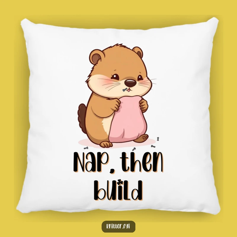 Funny Beaver Crafting Pillow: Cozy Diligent Hammering Beaver Accent Decor