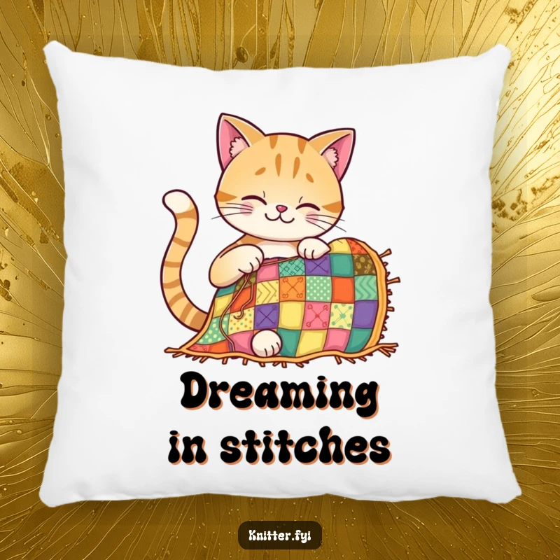 Funny cat pillow showcasing a smiling cat focused on sewing a vibrant, colorful patchwork quilt with determination.