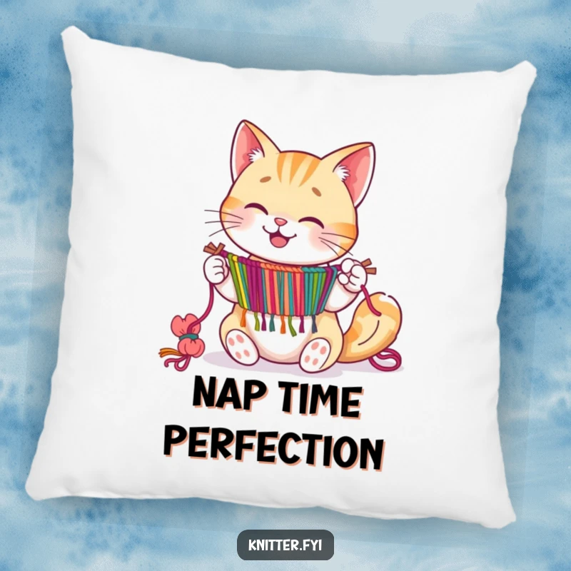 Happy cat character expertly weaving a tapestry with its paws, on a plush pillow.