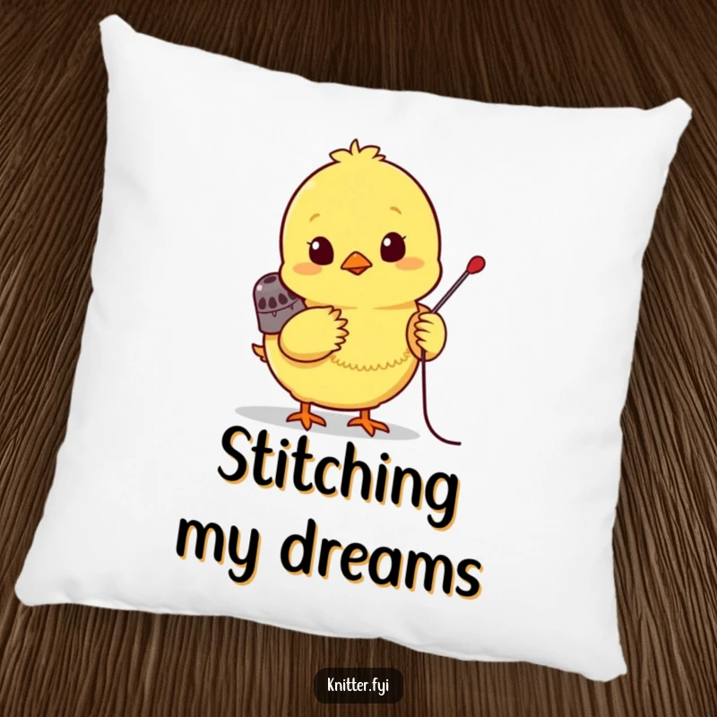 Funny chick pillow, a bright yellow chick wearing a tiny thimble, eagerly pushing a needle, soft and decorative.