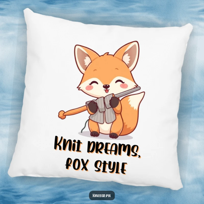 Funny fox pillow with a playful fox holding oversized knitting needles, adding a cozy and humorous touch to any decor.