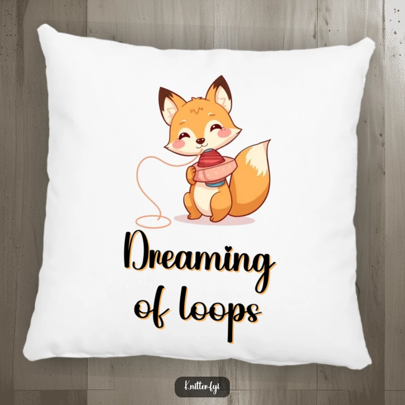 Funny fox pillow character, spinning thread playfully, offering comfort and fox-themed humor.