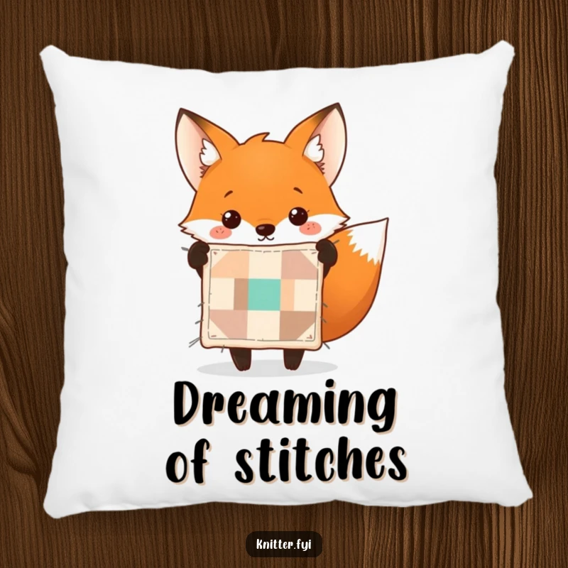Funny fox pillow depicting a cheerful fox holding up a perfectly stitched tiny quilt. Soft and humorous.
