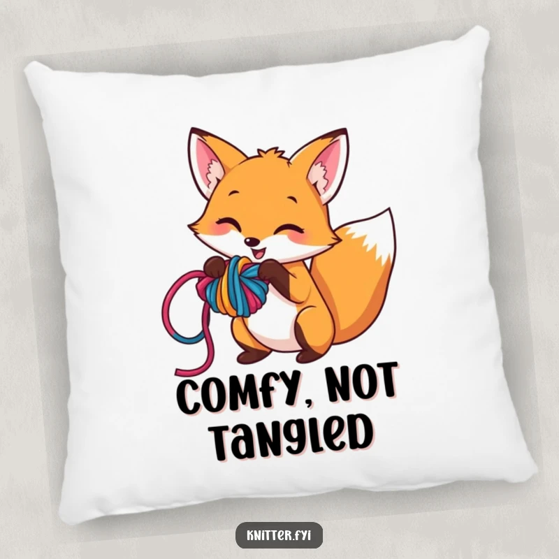 Funny pillow featuring a mischievous fox character playfully tangling colorful yarn into a delightful knot, adding humor to any seating area.