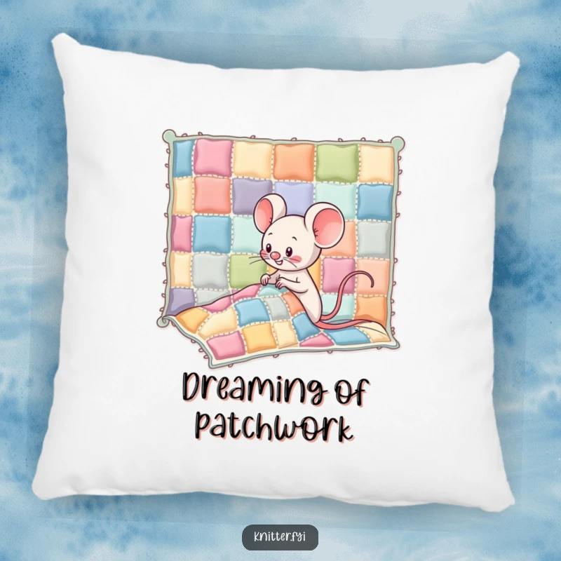 Funny Kawaii mouse character giggling while sewing colorful patches onto a quilt, a soft and plush pillow for decor.