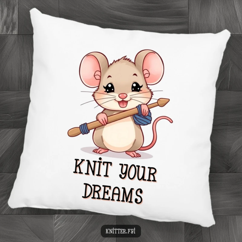 Funny mouse pillow, a small mouse holding oversized knitting needles with a determined grin, soft and inspirational.