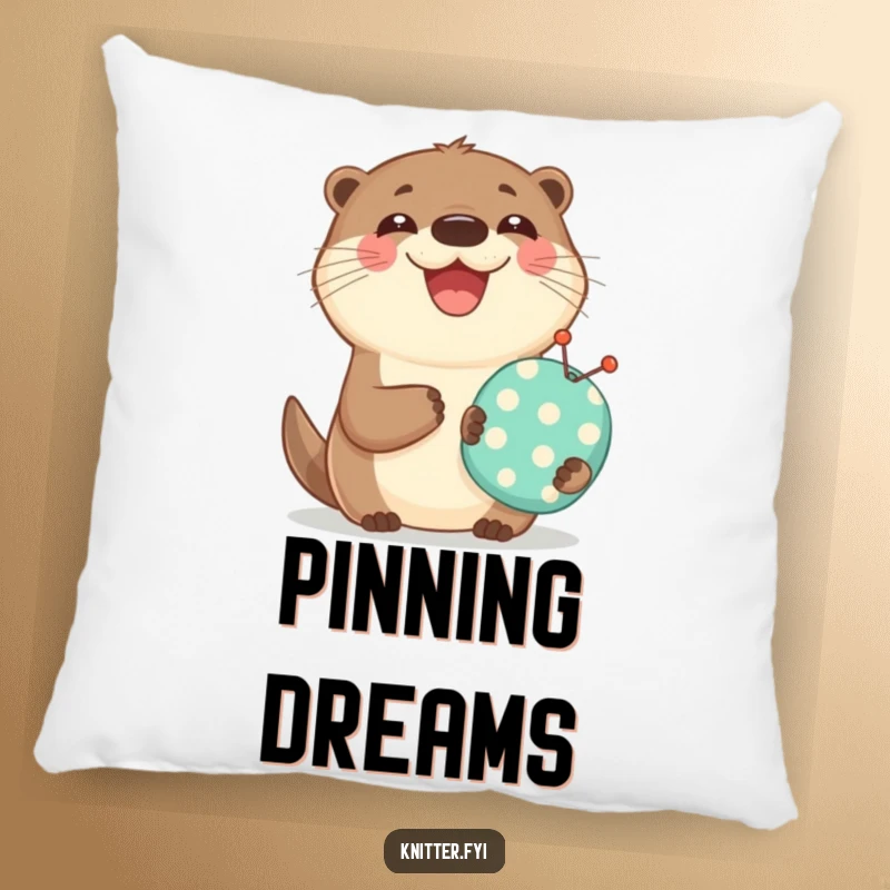 Funny pillow design showing a happy otter holding a small pincushion and smiling broadly, adding whimsical comfort.