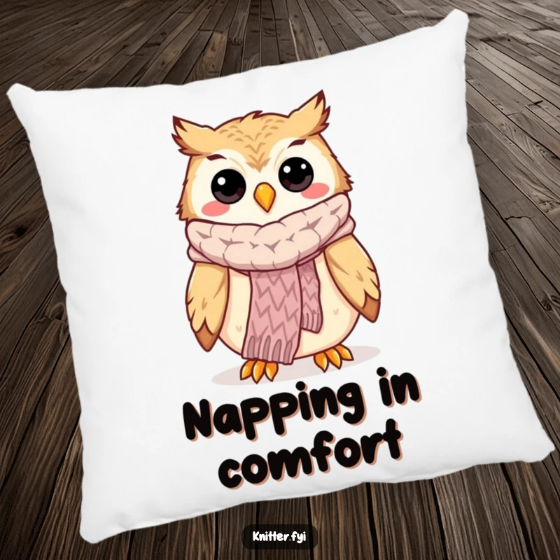 Funny owl knitting pillow with a happy owl proudly showing off a knitted scarf, adding cozy charm.
