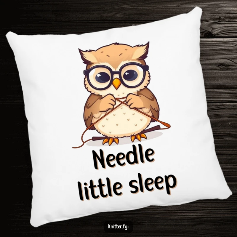 Funny pillow design showing a small owl with glasses humorously attempting to thread a large sewing needle, adding whimsy to decor.