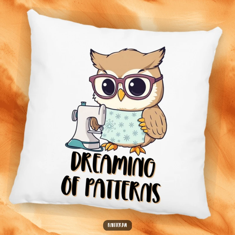 Funny pillow featuring a curious owl character with prominent spectacles focused on a complex sewing pattern, adding a touch of humor.