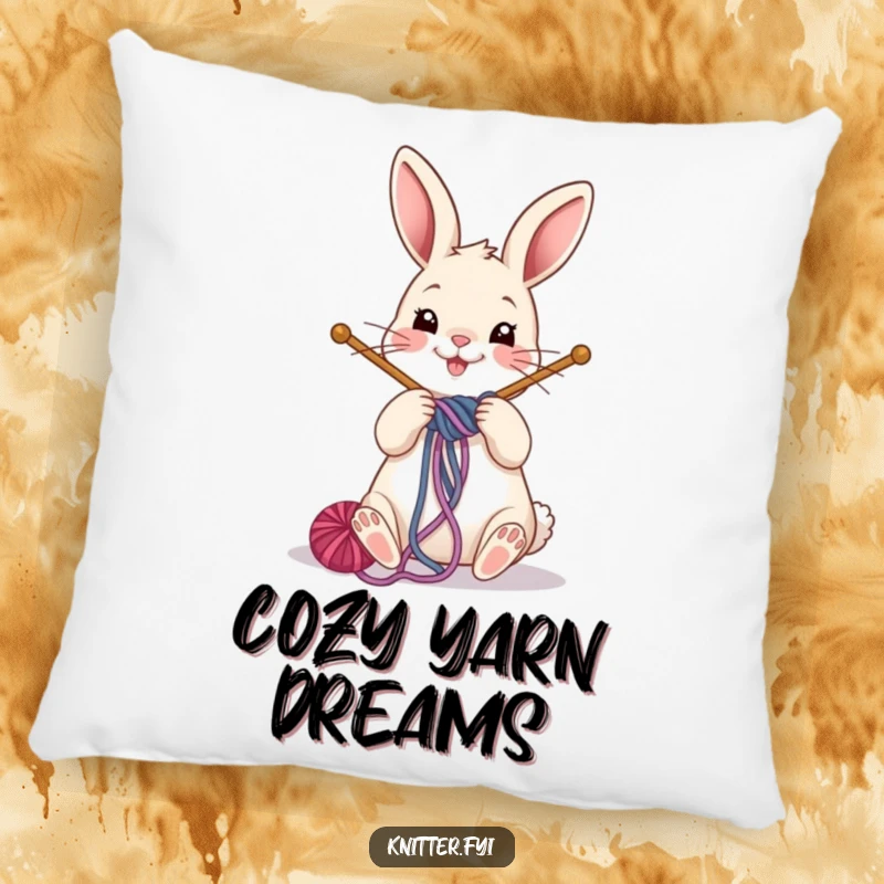 Funny rabbit pillow with a cheerful bunny winding yarn onto knitting needles, bringing cozy, crafty vibes.