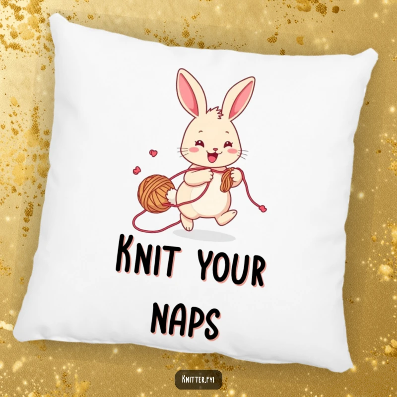 Funny rabbit pillow, a cheerful bunny with yarn trailing, hopping playfully while knitting, soft and decorative.