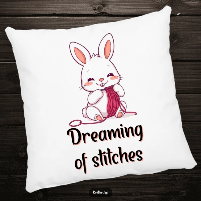 Funny cheerful rabbit pillow threading a needle, a soft decorative cushion with a playful design.