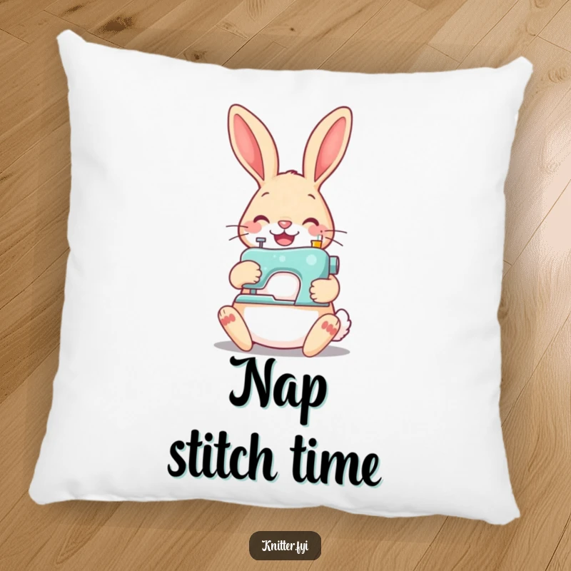 Funny rabbit sewing pillow, depicting a happy rabbit with a mini sewing machine stitching a button, a soft and whimsical accent.