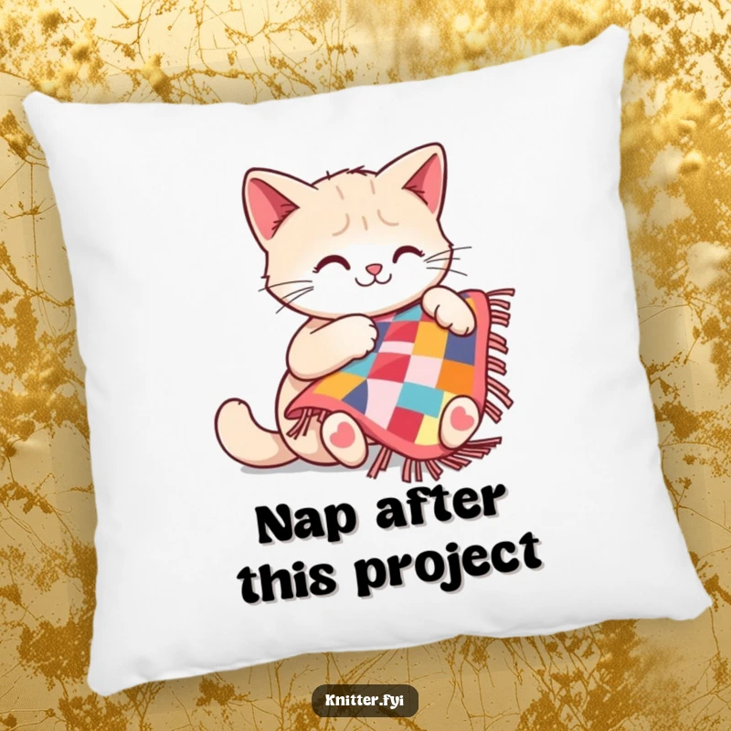 Funny cat pillow showing a contented cat sewing a tiny, vibrant quilt, adding a cozy, humorous touch.