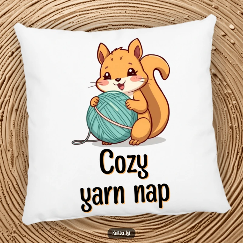 Funny squirrel pillow depicting a cheerful animal enthusiastically winding a perfect ball of yarn with energy.