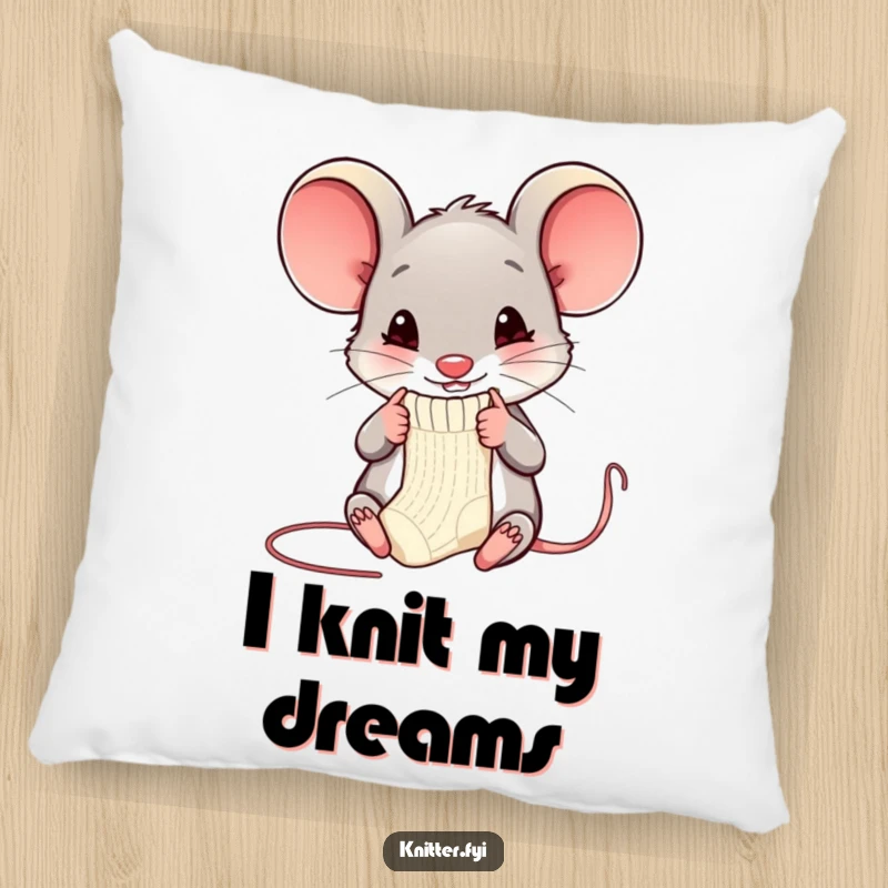 Funny mouse pillow depicting a happy mouse knitting a miniature sock, a humorous and cozy decorative item.