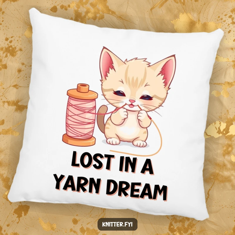Funny kitten sewing pillow with a curious cat playfully pulling a thread from a large spool, adding cozy humor to any room.
