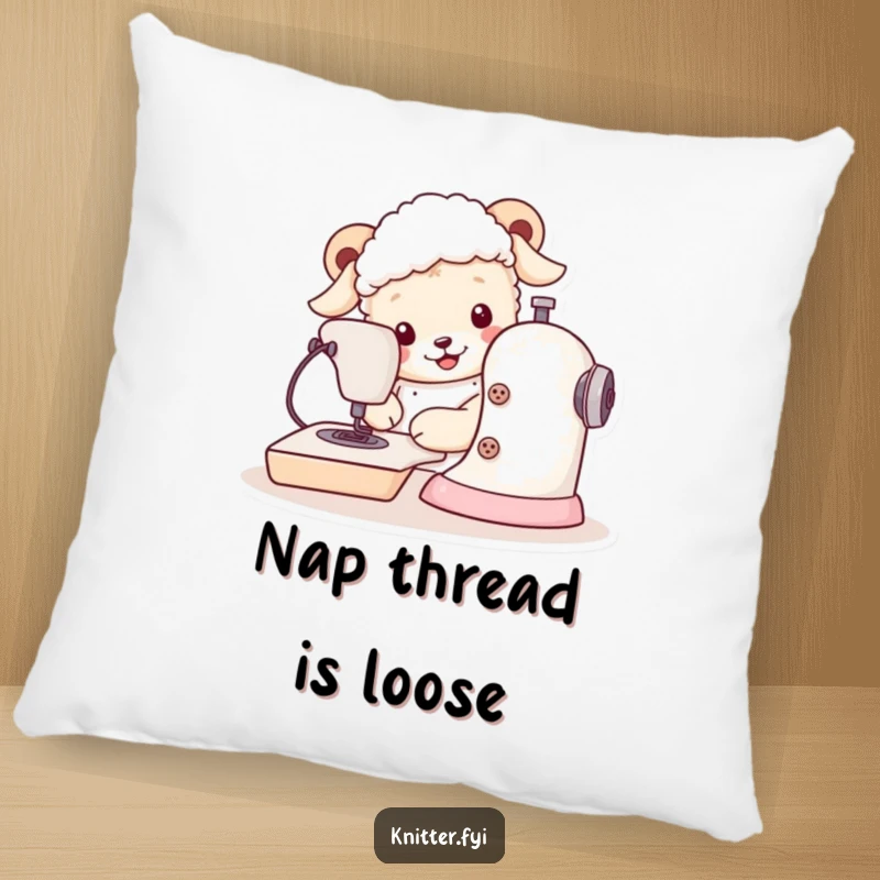 Funny sheepdog pillow with a cute dog sewing on a machine with oversized buttons, offering comfort and humor.