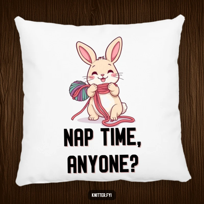 Funny Rabbit Pillow: A happy rabbit is shown unravelling a long, colorful string of yarn, evoking a charmingly funny vibe.