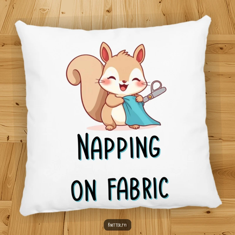 Funny squirrel pillow character, happily cutting fabric, offering comfort and sewing-themed humor.