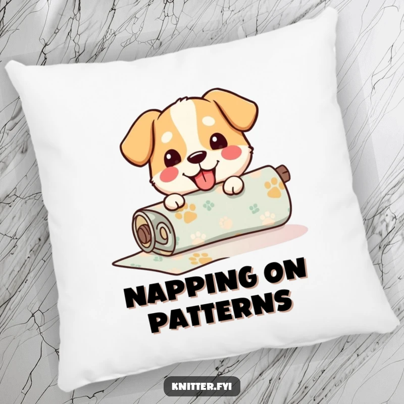Funny Pillow featuring a happy dog unrolling a roll of patterned fabric, offering comfort and a heartwarming touch.