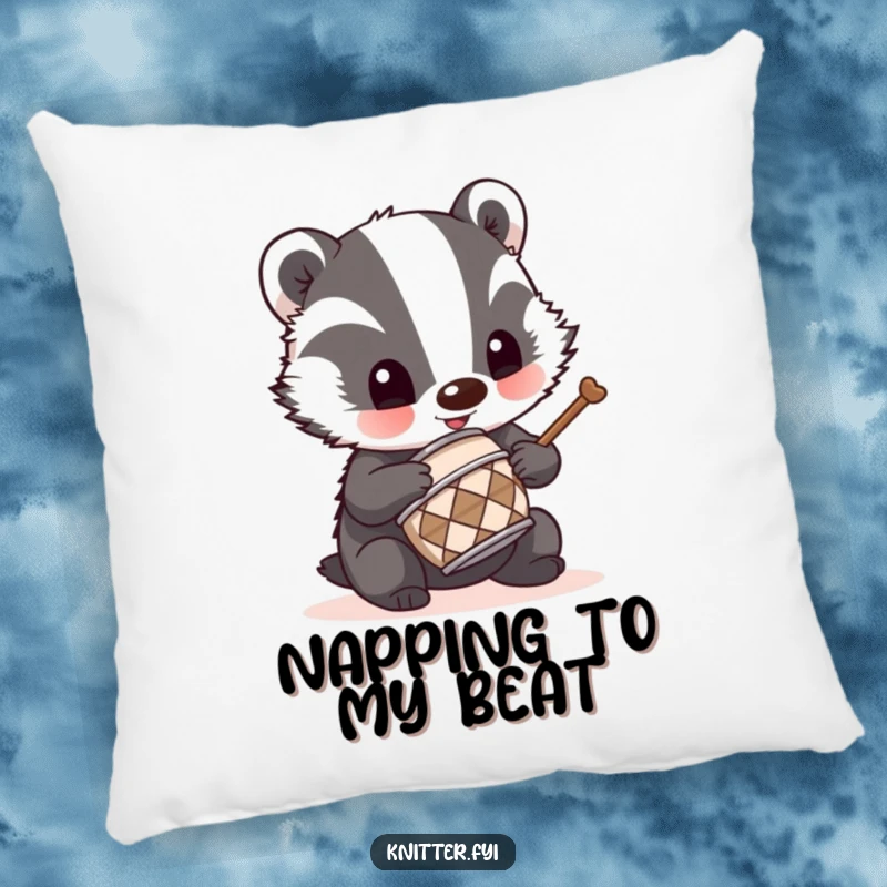 Funny badger drummer pillow with a mischievous badger using a tiny thimble as a drum, adding cozy music vibes.