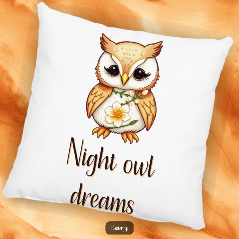 Funny Owl Pillow: A focused owl meticulously embroiders a delicate flower, a comfortable and funny decorative pillow.