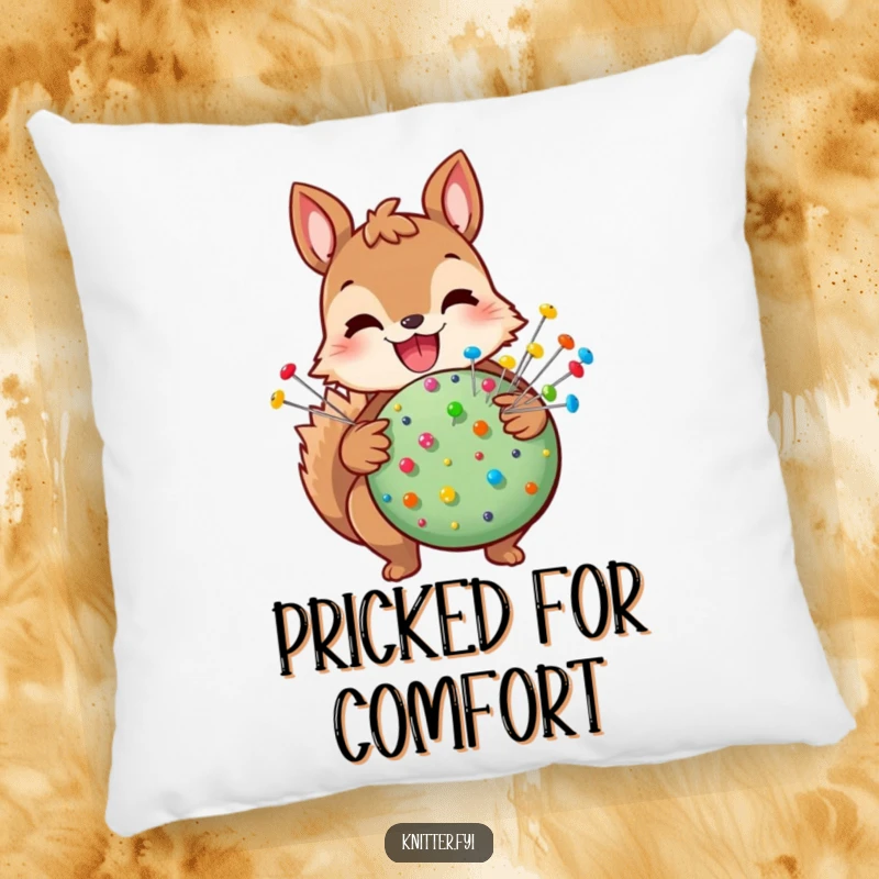 Funny squirrel pillow depicting a joyful squirrel holding a pincushion with pins, a humorous and cozy decorative item.