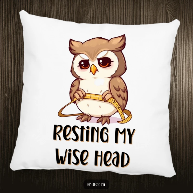 Funny pillow showcasing a determined owl character expertly measuring fabric with a tiny, shiny tape measure, adding a touch of precision.