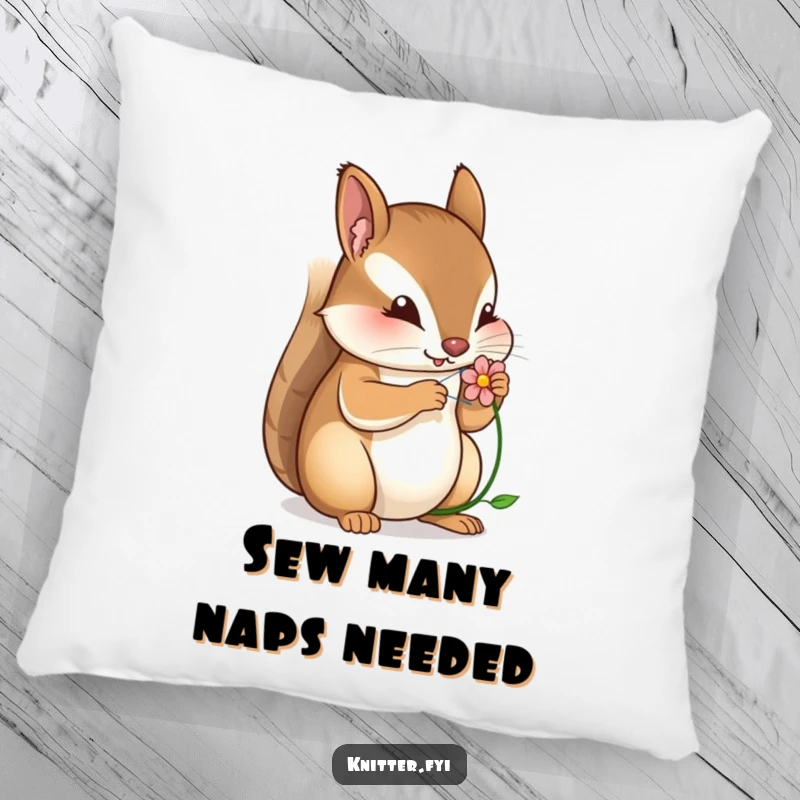Funny pillow design of a squirrel focused on stitching a tiny, delicate flower, bringing comfort and humor.