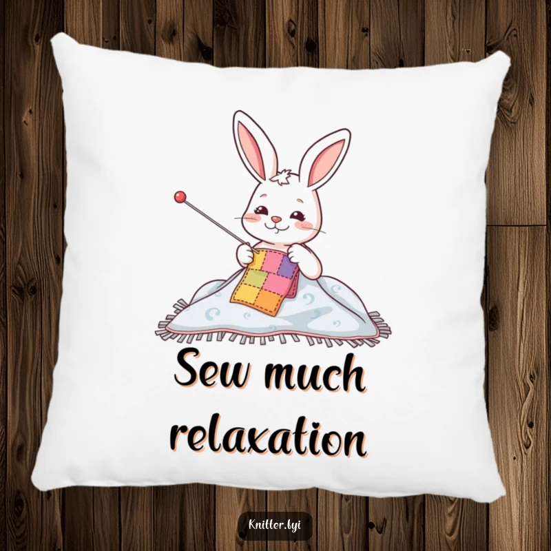 Funny pillow showcasing a happy rabbit character crafting by sewing a patch onto a blanket with a big needle, a symbol of coziness.