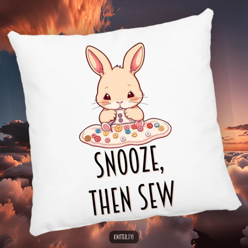 Funny rabbit pillow depicting a determined bunny meticulously sewing tiny buttons onto fabric. Soft and humorous.