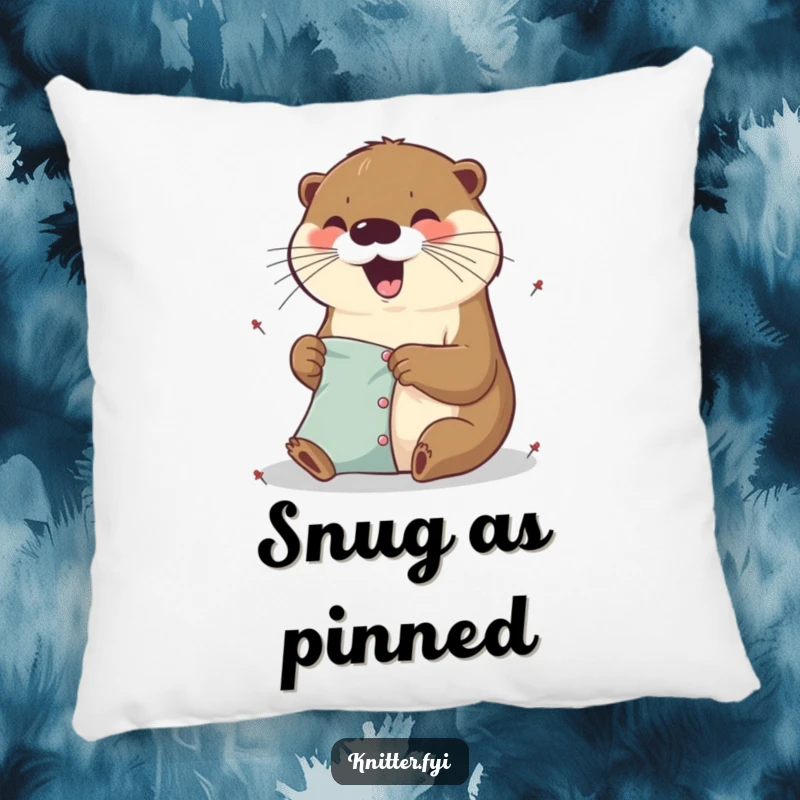 Funny excited otter pillow pinning fabric with tiny pins, a soft decorative cushion with a playful design.