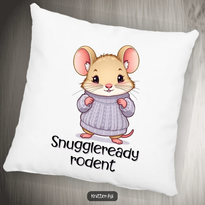Funny mouse pillow featuring a curious mouse trying on a miniature knitted sweater, adding humorous and cozy charm to home decor.
