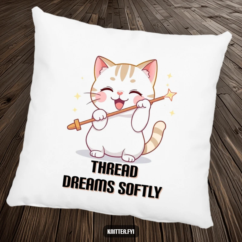 Funny pillow showcasing a playful cat character threading a giant, sparkling needle, adding a touch of whimsy.