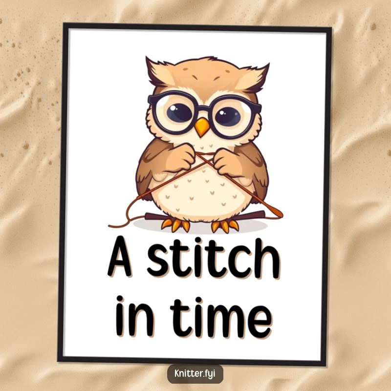 Funny digital art print of a tiny owl wearing glasses, humorously threading a large sewing needle, suitable for framing.